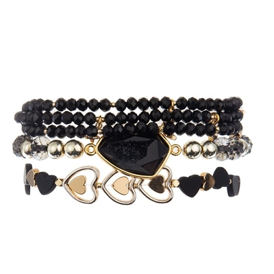 Δροσερή κυρία Round Beads με χάντρες Bracelet Set μαύρο Facted μικρό μέγεθος με τη γοητεία Druzy