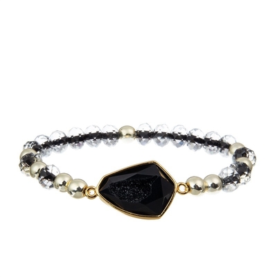 Δροσερή κυρία Round Beads με χάντρες Bracelet Set μαύρο Facted μικρό μέγεθος με τη γοητεία Druzy